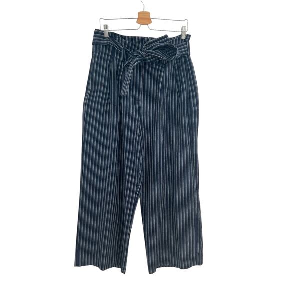J. Crew Point‎ Sur Paperbag Pants Wide Leg Belt Stripe Navy Blue Size 12 - Picture 2 of 14